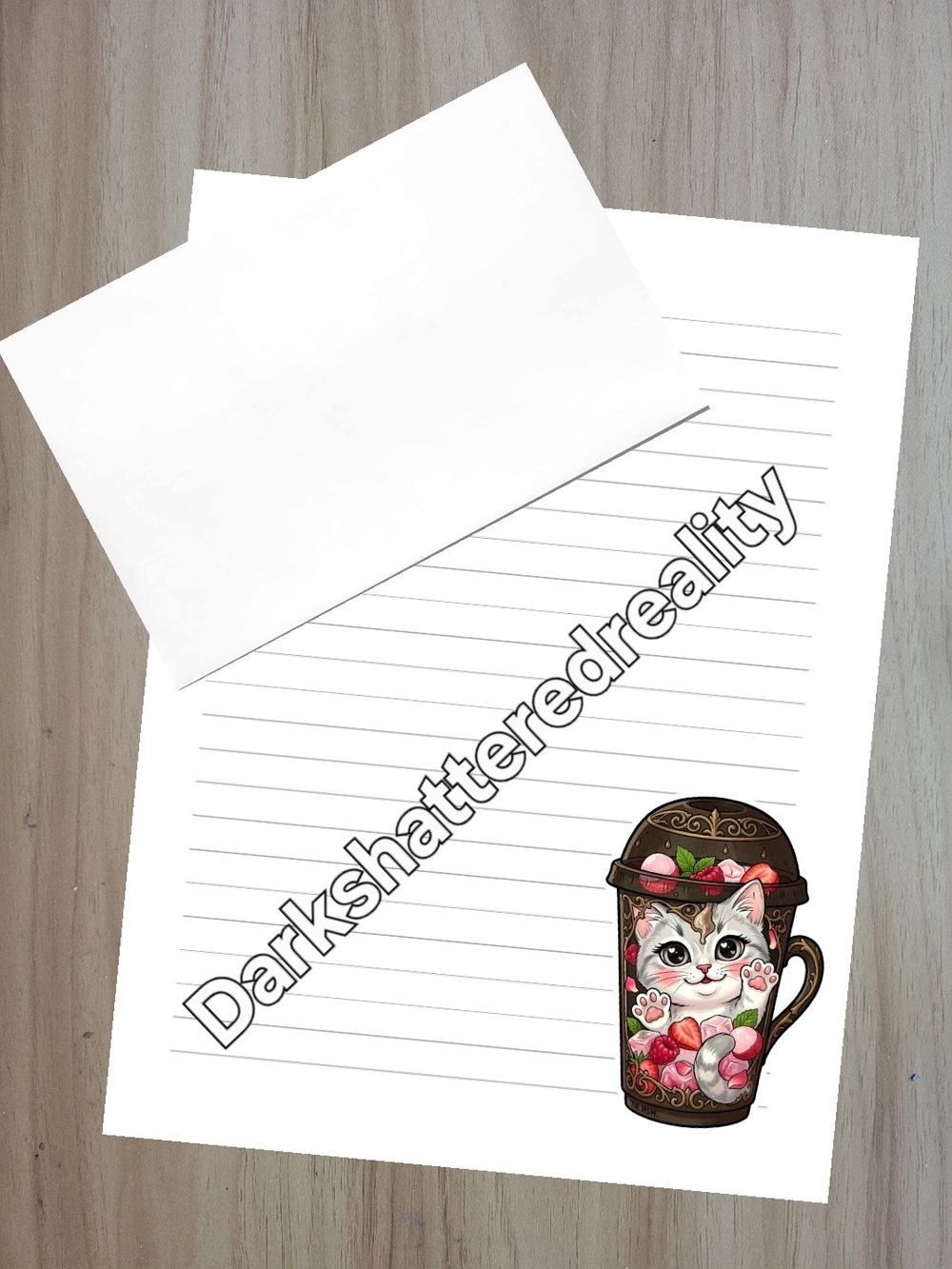 🖤NEW🖤 24pc Cute Cat-in-Mug Lined Stationery - White Paper with Printed Cat Art